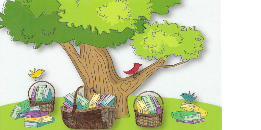 Baskets of books under a tree